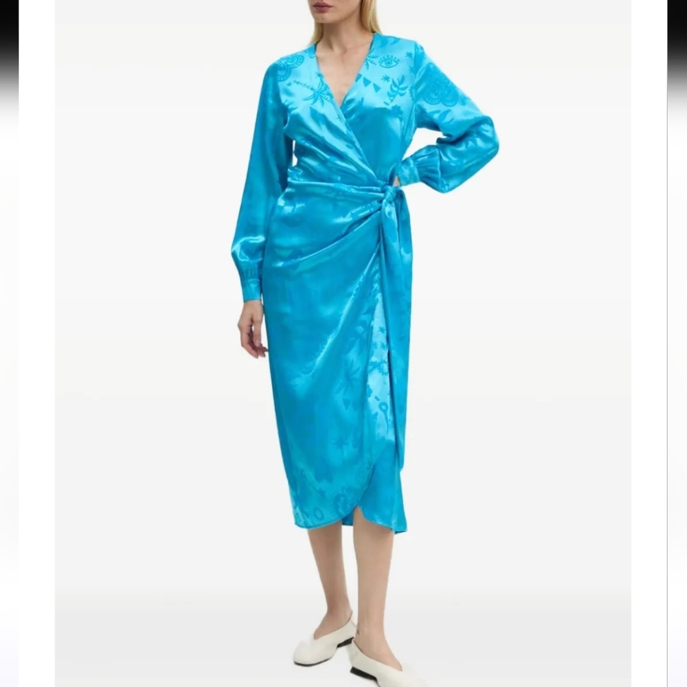 Never Fully Dressed Turquoise Satin Wrap Midi Dress